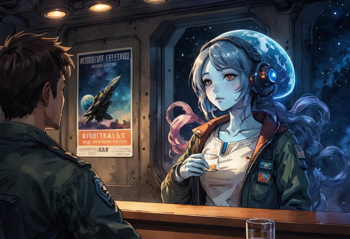 Sci-Fi Anime: Alien Octopus in Spaceship Bar