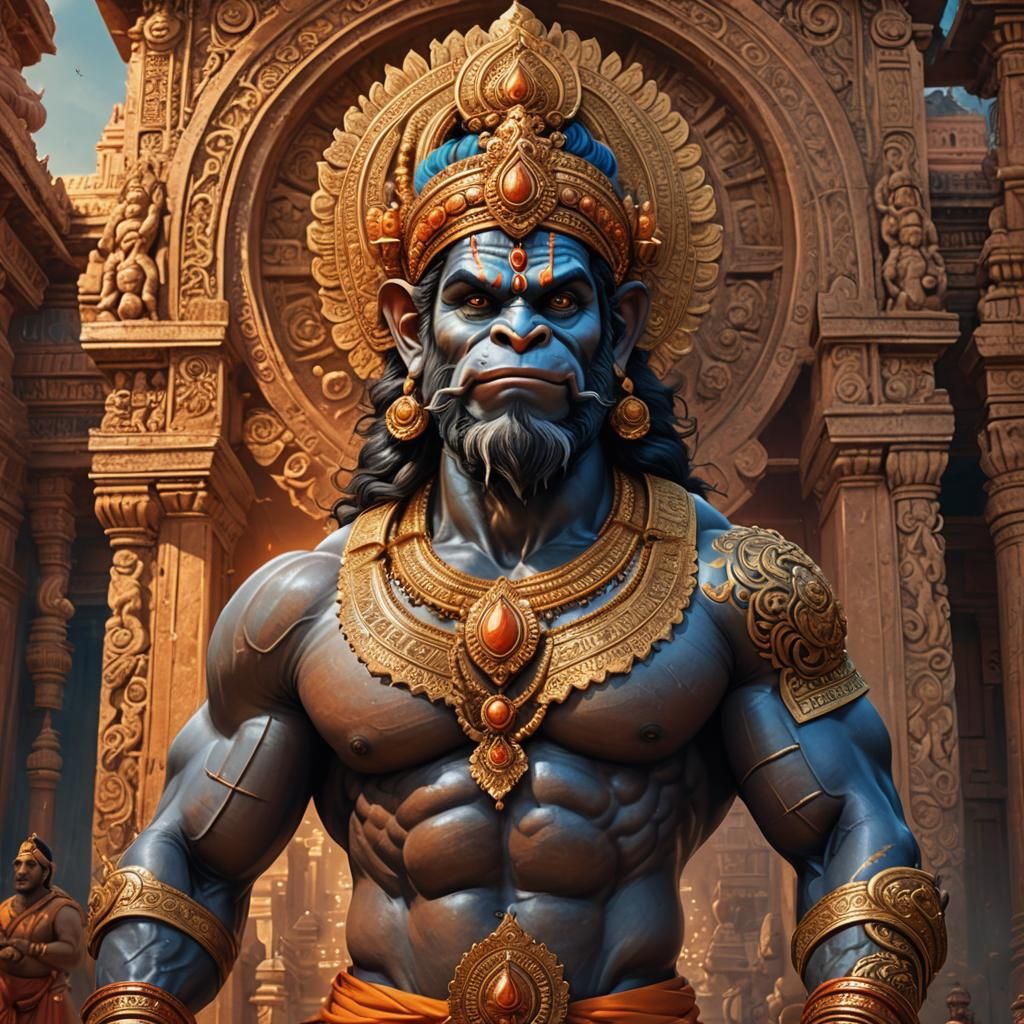 Hyperrealistic Hanuman with Tattoo in Divine Golden Light