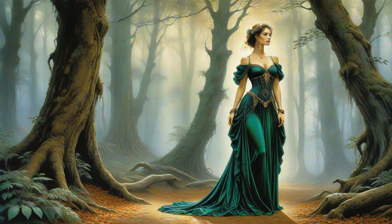 Ethereal Enchantress in Lavish Mystical Forest