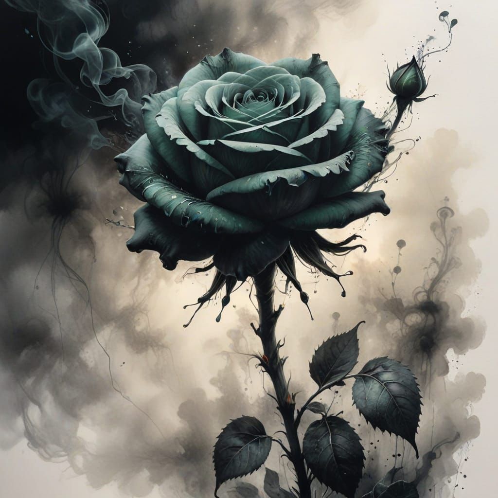 Ink Drawing of a Rose with Black Smoke and Green Hues