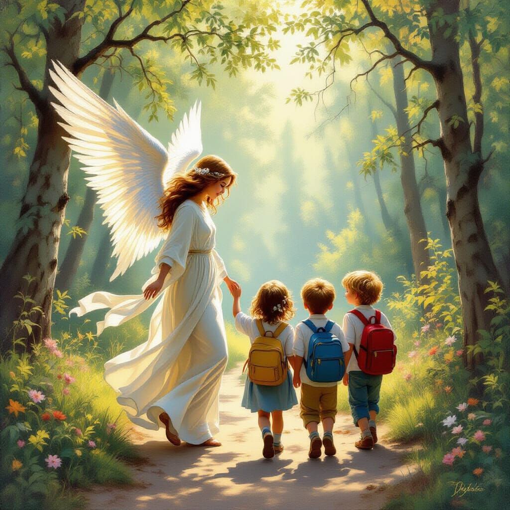 Guardian Angel Watching Over Children in Forest