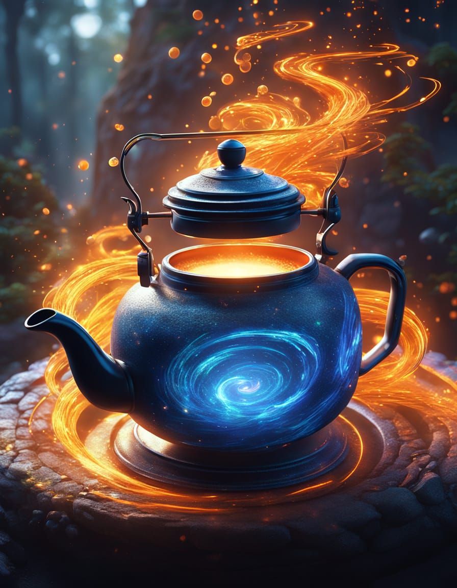 Magical Blue Fire Swirls Around Kettle in Mystical Forest
