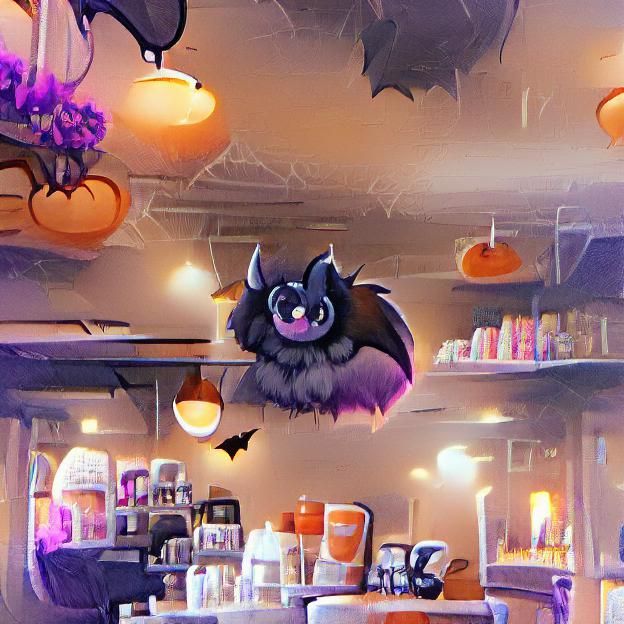 Cute Fluffy Bat in Spooky Coffee Shop