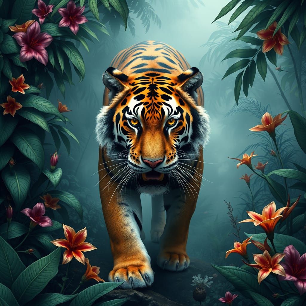 Queensland Tiger Prowls Through Misty Rainforest, Detailed A...
