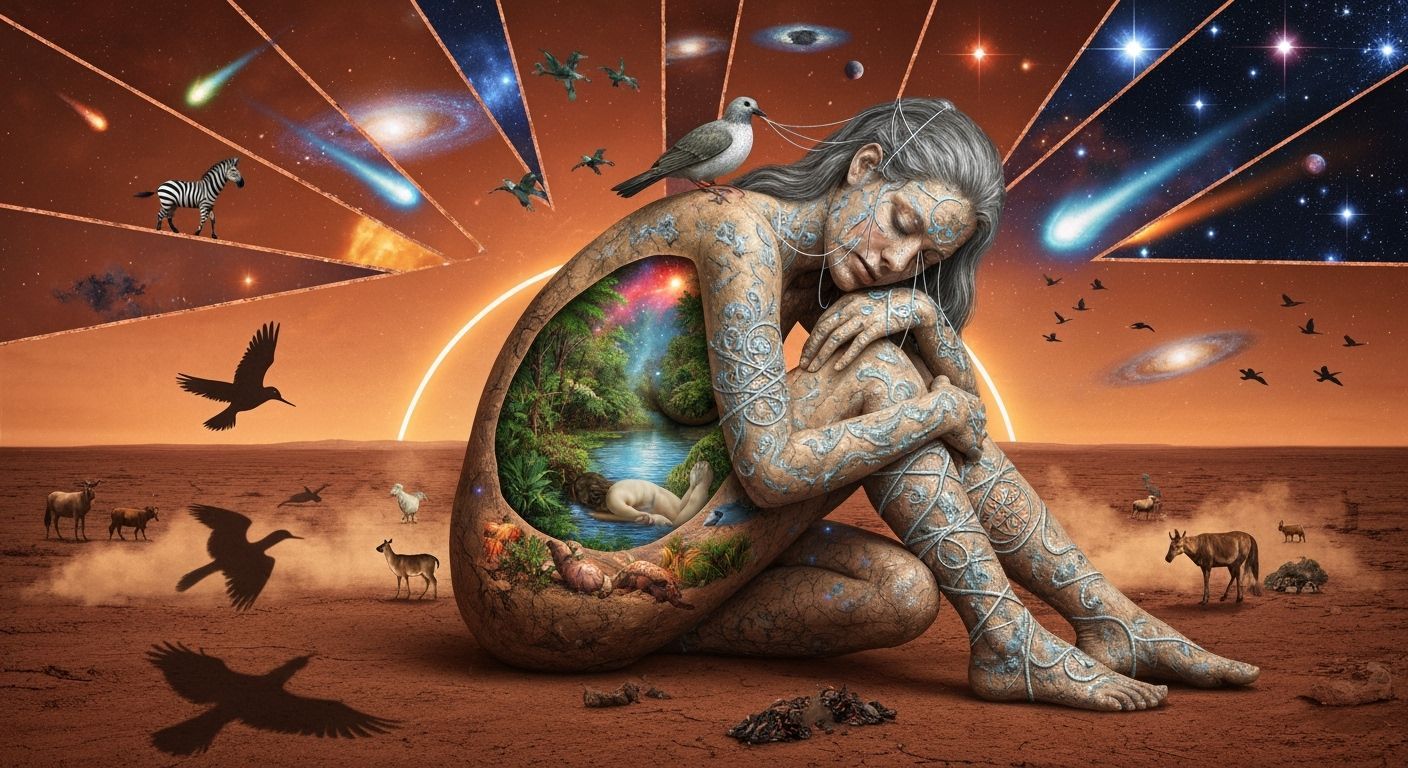 Surreal Woman With Earth Body Revealing Bioluminescent Oasis