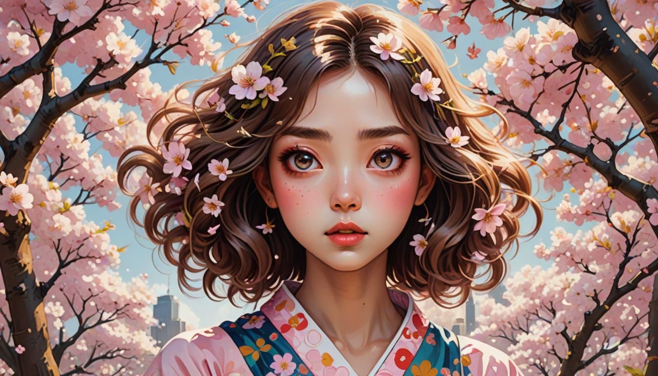 Whimsical Cherry Blossom Girl in Vibrant Digital Painting St...
