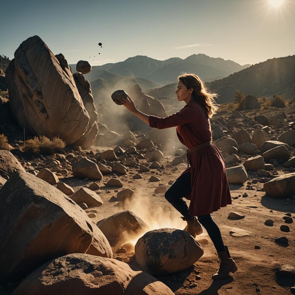 Woman Strikes Boulder: Cinematic Film Still