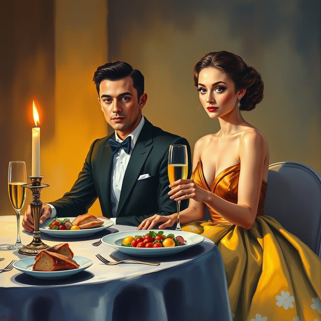 Elegant Couple at Dinner in Cinematic Gouache Style