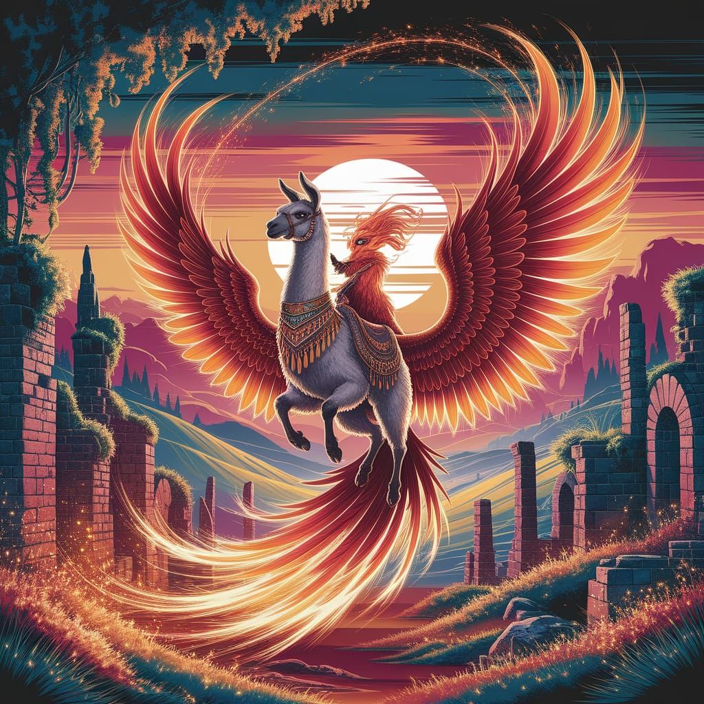 Llama Phoenix Rider in Fantasy Illustration Style