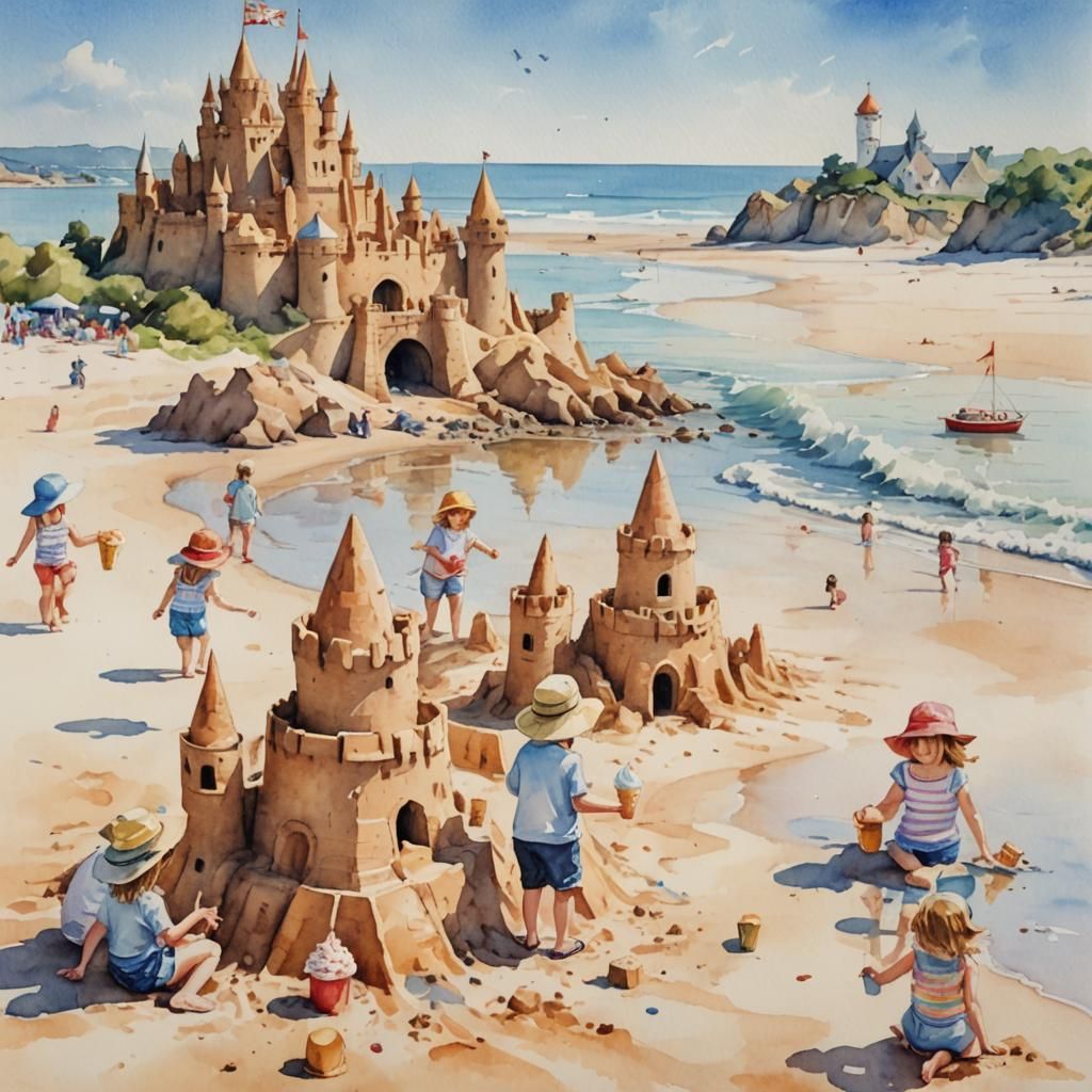 Shimmering Sandcastle on a Sunny Beach in Watercolour
