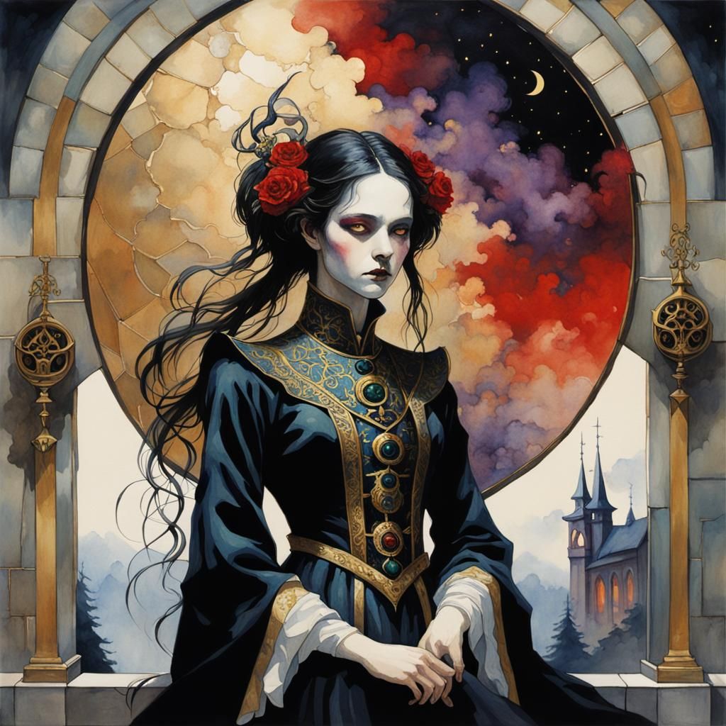 Mysterious Gothic Figure in Colorful Romantic Art