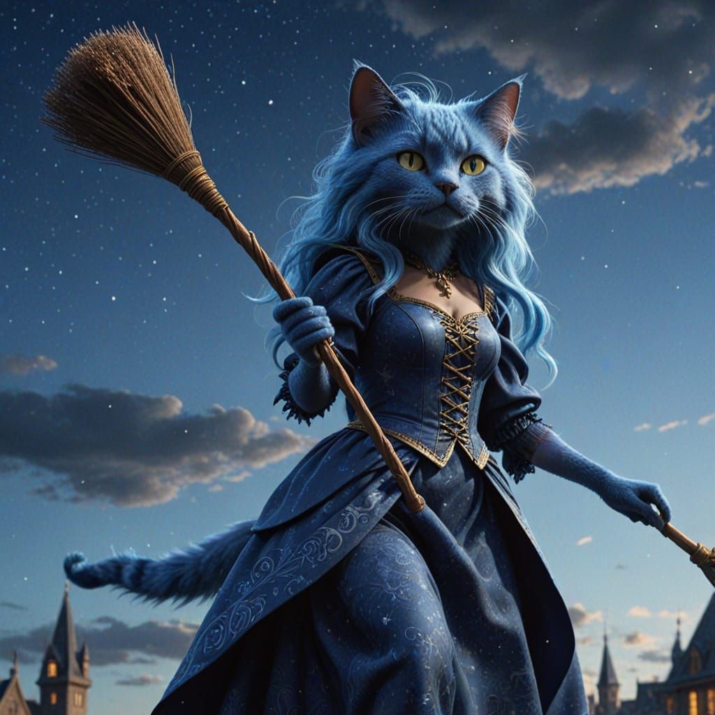 Ethereal Blue Witch Rides Majestic Broom in Celestial Citysc...