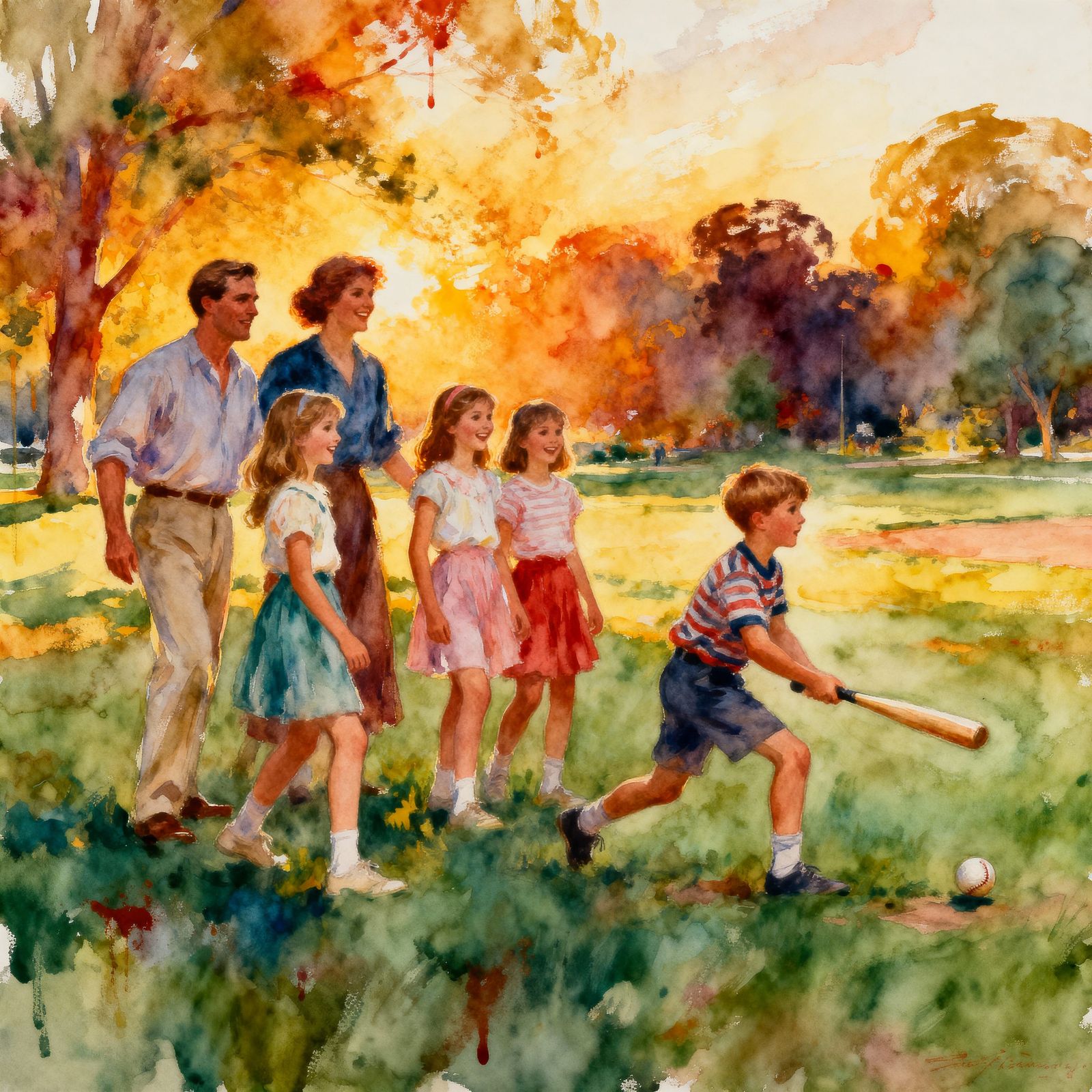Joyful Family Plays Baseball in Sunny Park Watercolor
