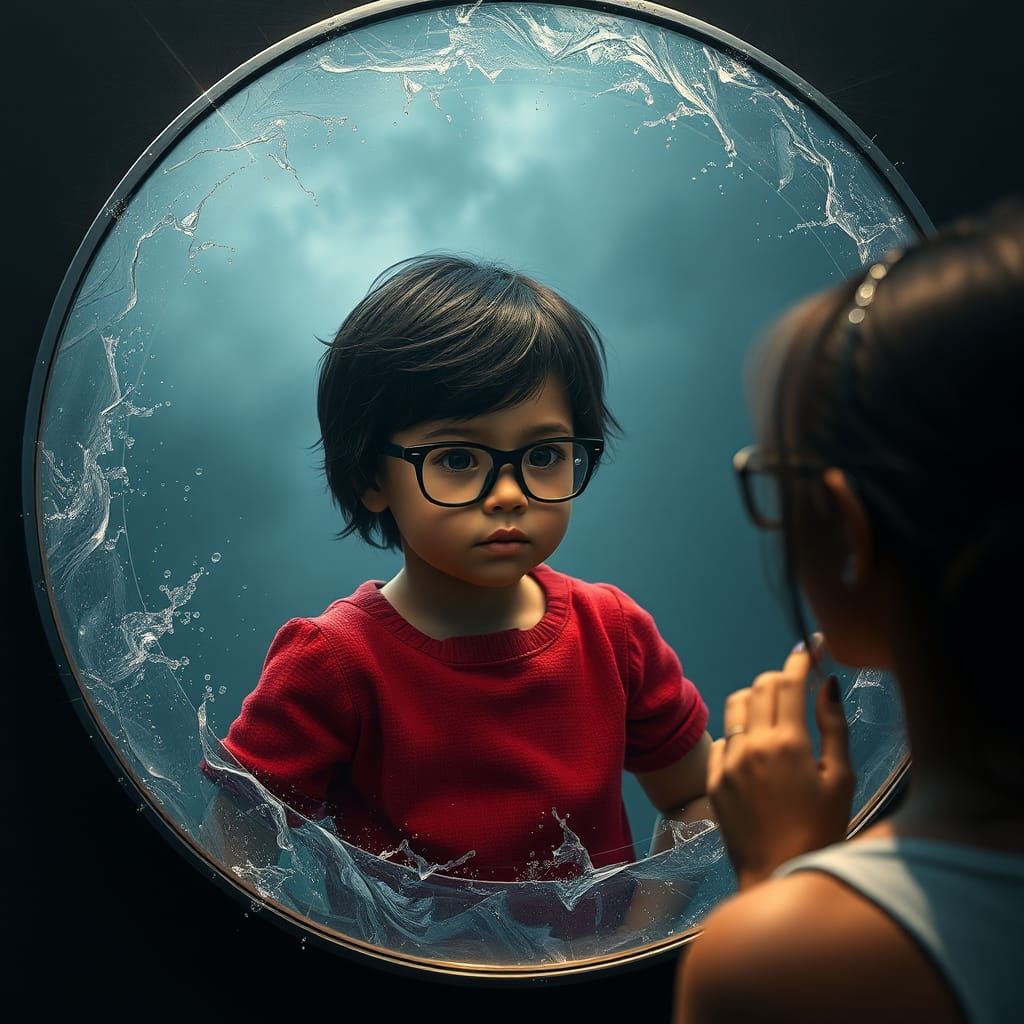 Child Reflected in Mirror with Glow Wave Effect