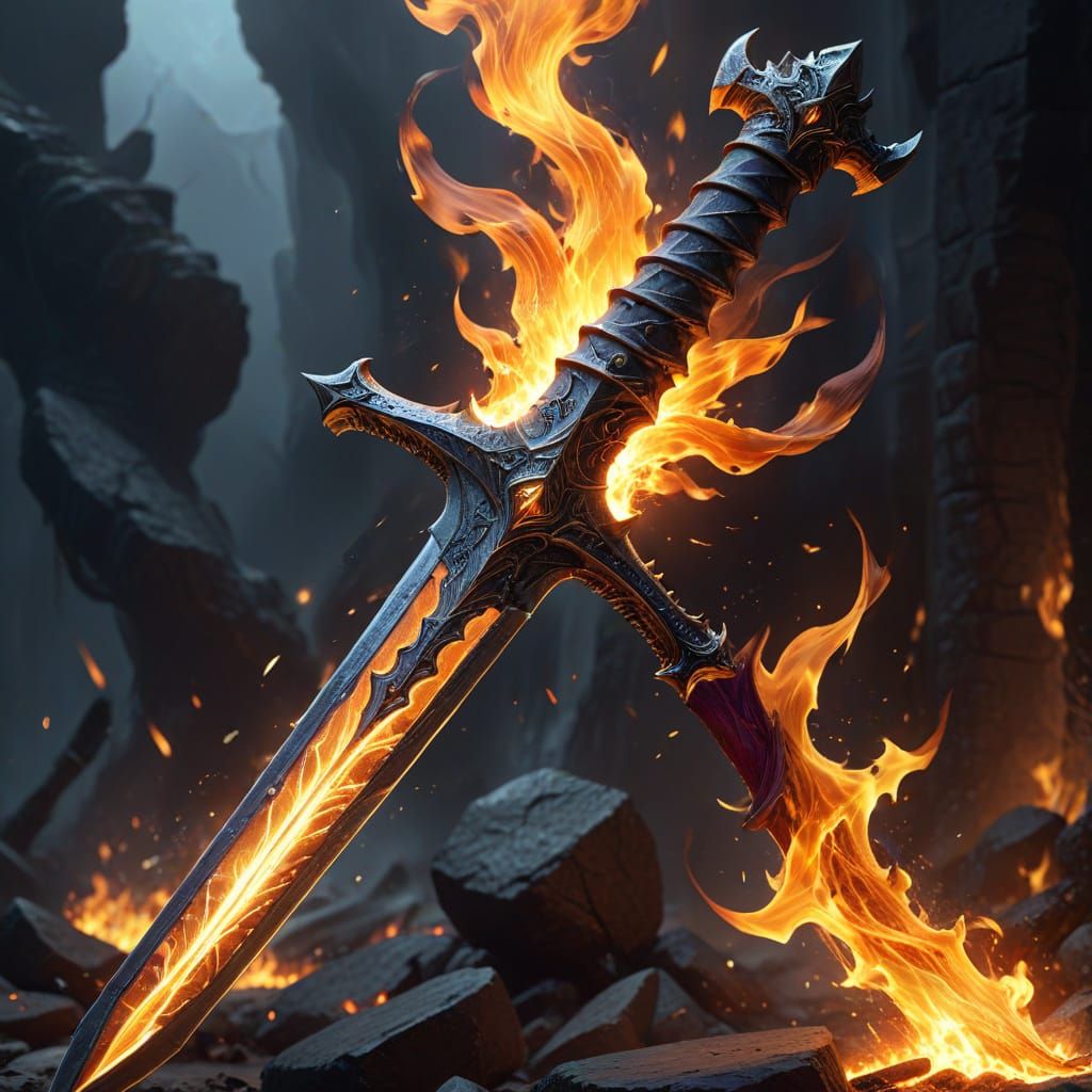 Flaming Sword Concept Art in Fantasy Matte Painting Style