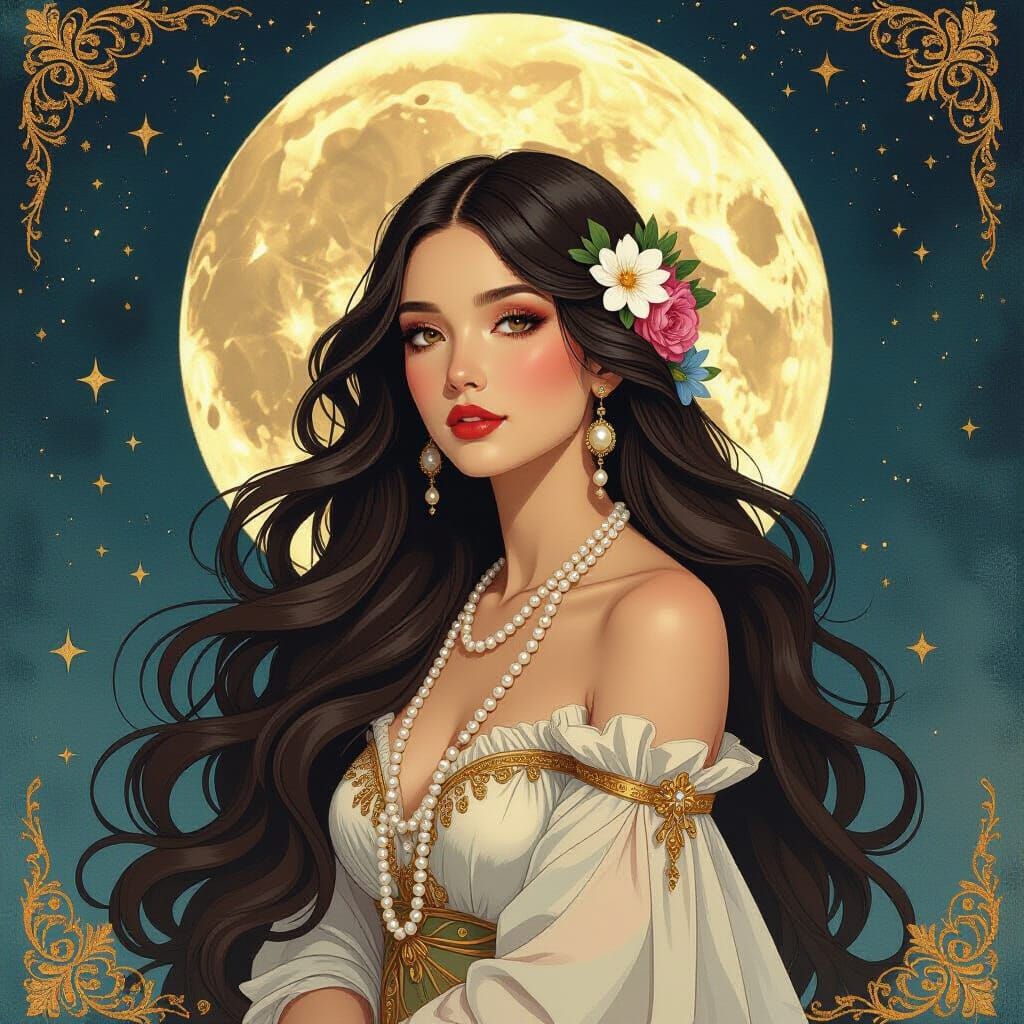 Art Nouveau Woman with Flowers Under Full Moon