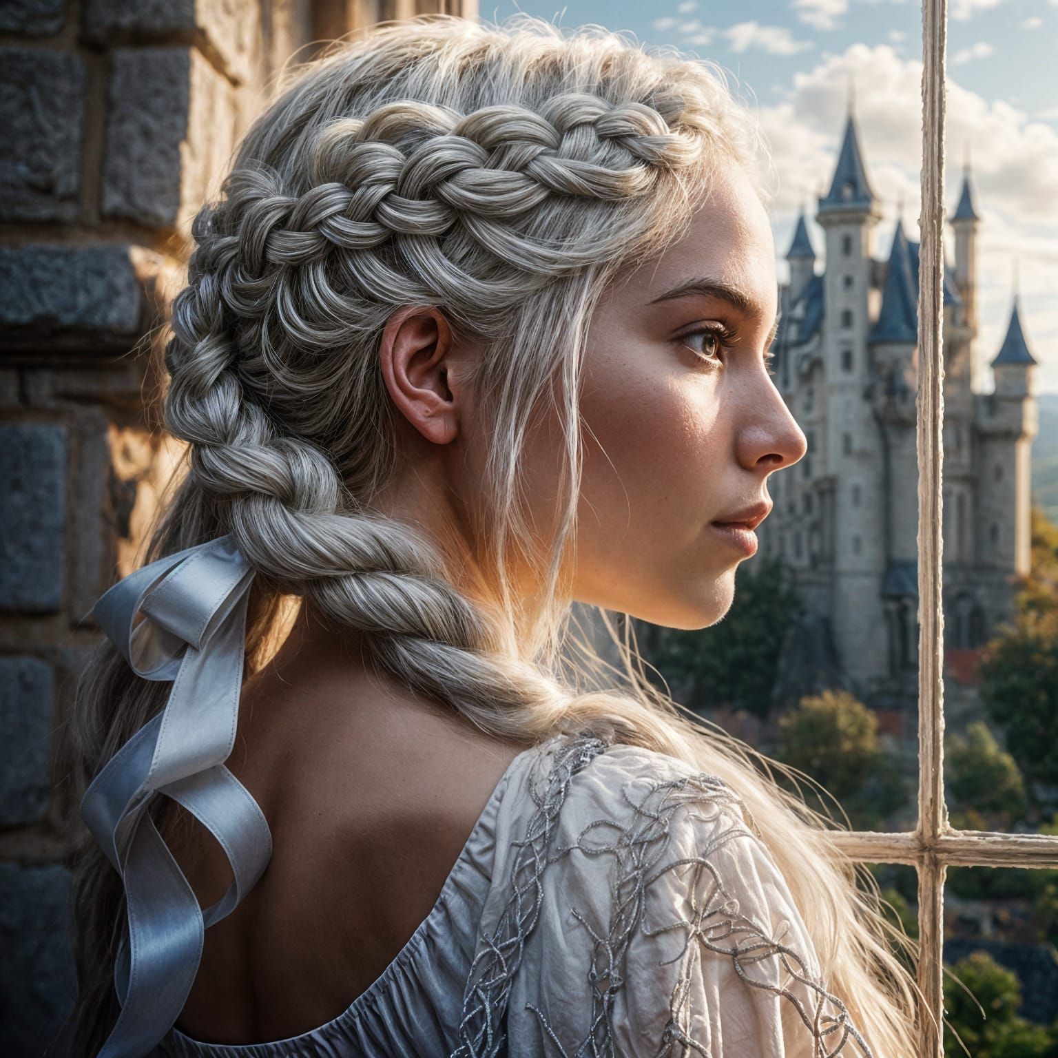 Ethereal Woman with Braided Hair in Castle