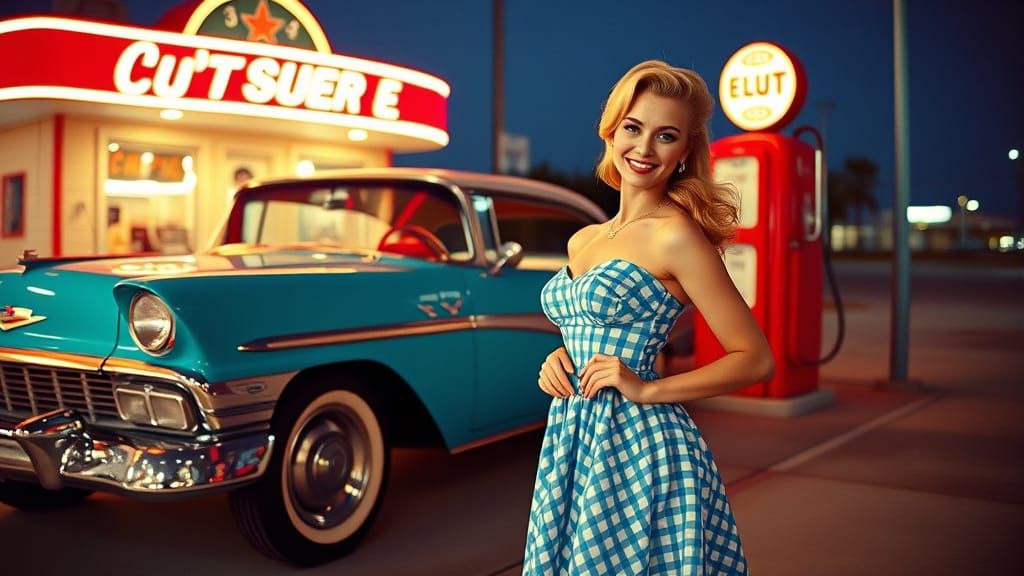 1950s Pinup at Gas Station in Kodachrome Style