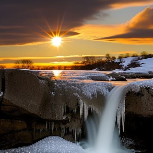 Icy Waterfall Shimmers at Sunset: Professional Photography
