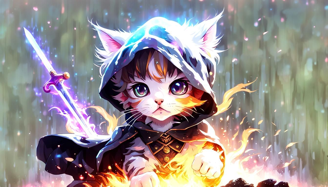 Kitten Warrior in Astral Battlefield, Anime Art