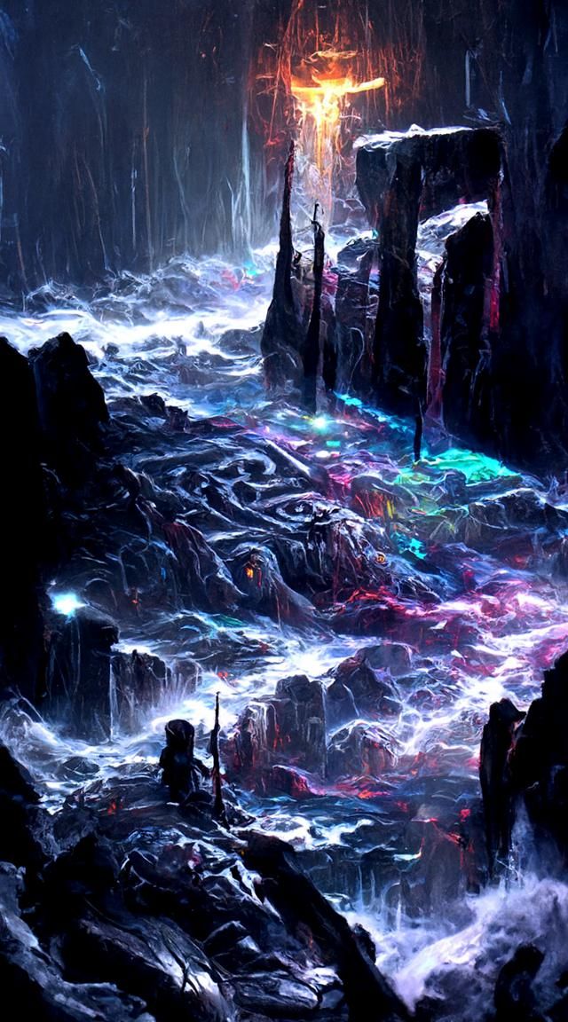 Glowing Runic Symbols in a Dark Basalt Cave