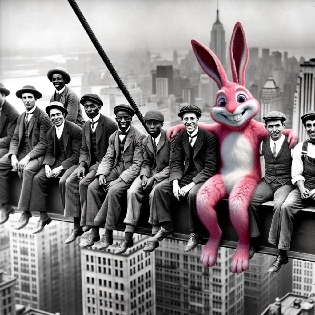 Men and Giant Rabbit on Skyscraper Beam