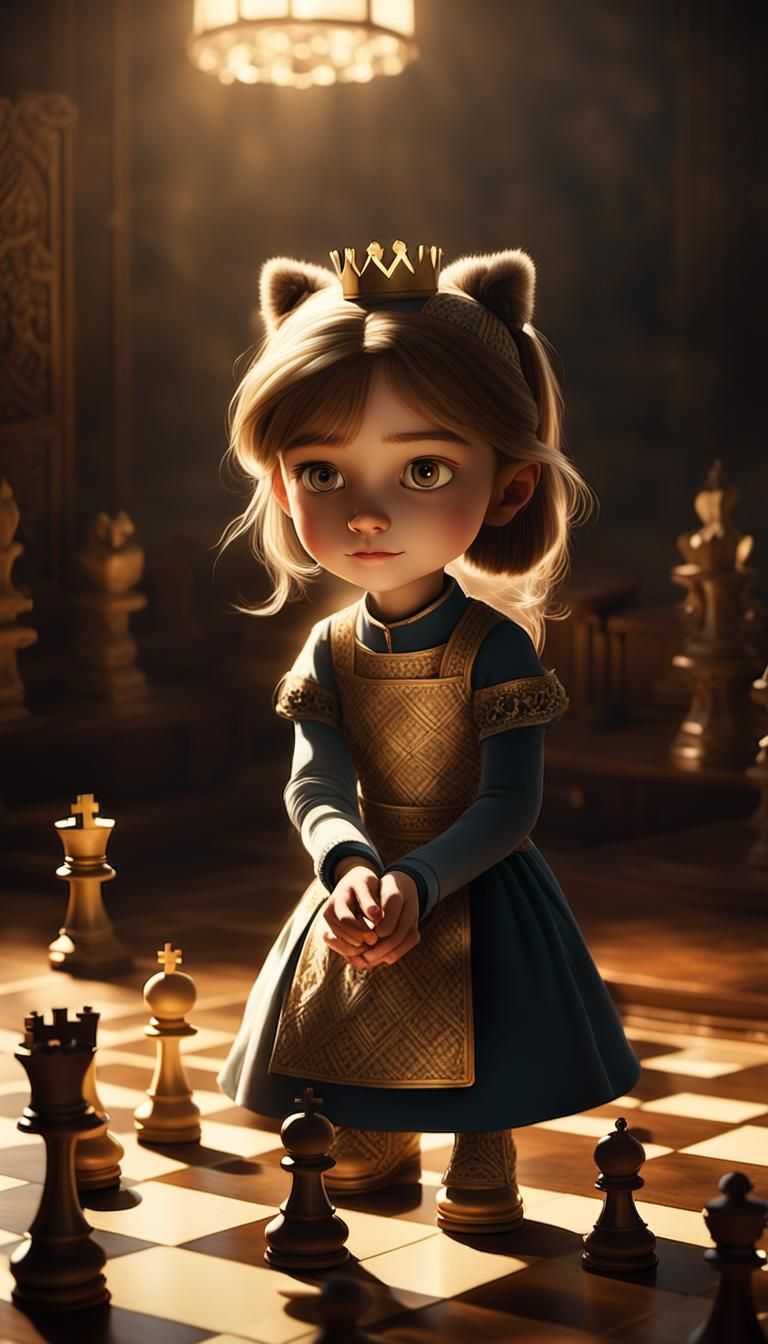 Girl Playing Chess in Ornate Study, Vermeer Style