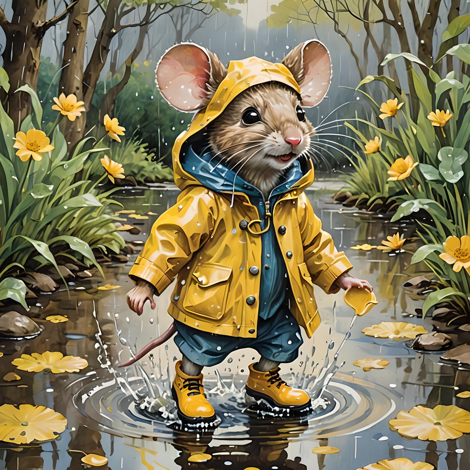 Adorable Mouse in Rain Puddles, Gouache Watercolor Style