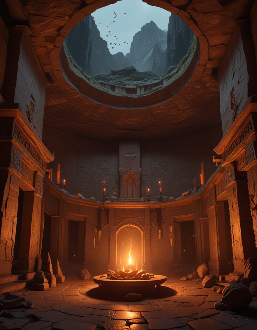 Sinister Ritual Room Under Night Sky, Fantasy Illustration