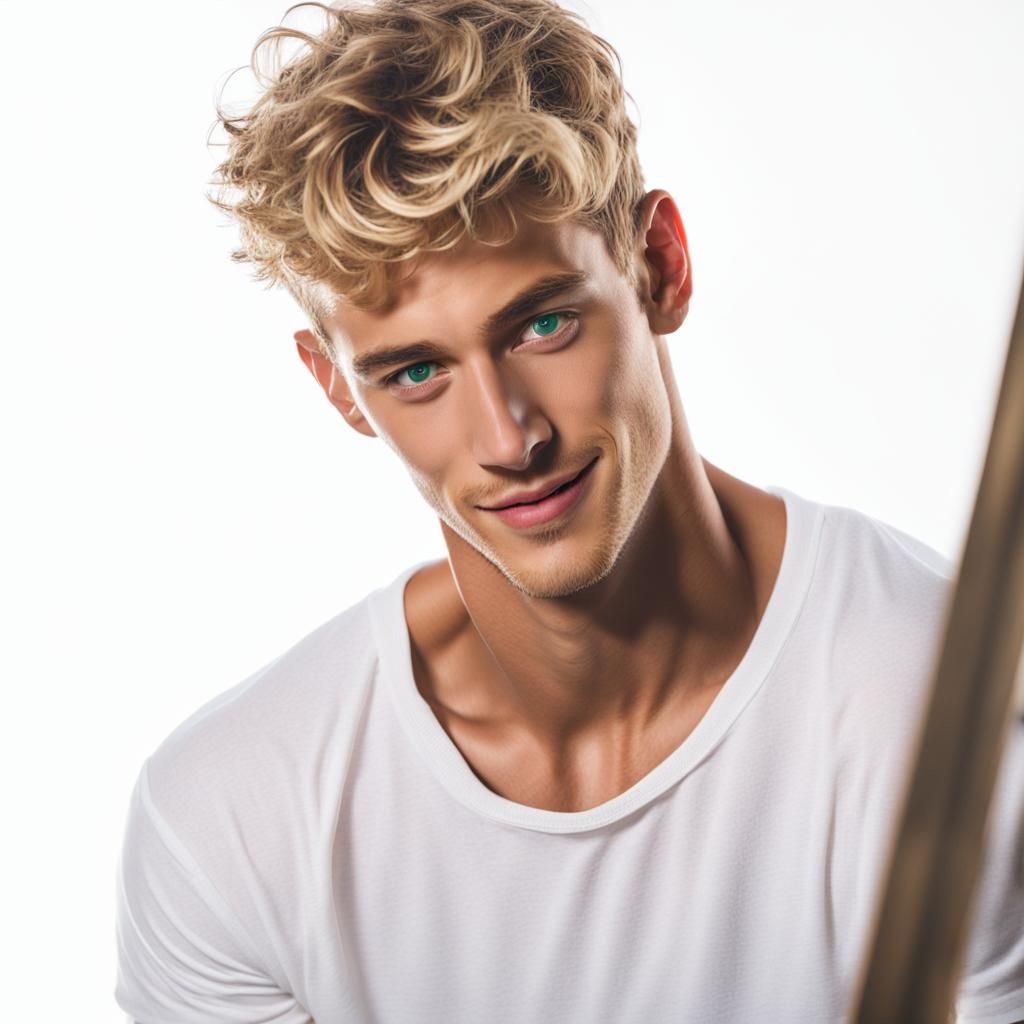 Handsome Blond Male Model in Underwear, Photorealistic Portr...