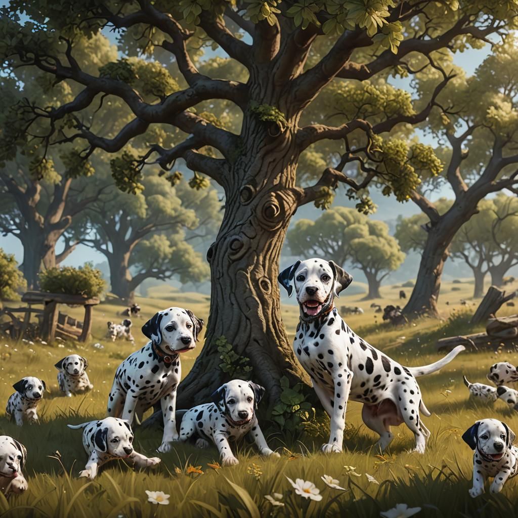 Dalmatian Puppies Play Under Oak Tree: Matte Painting