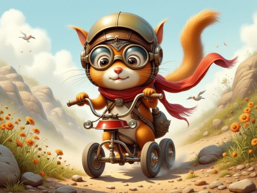 Squirrel Rides Tricycle: Whimsical Digital Art