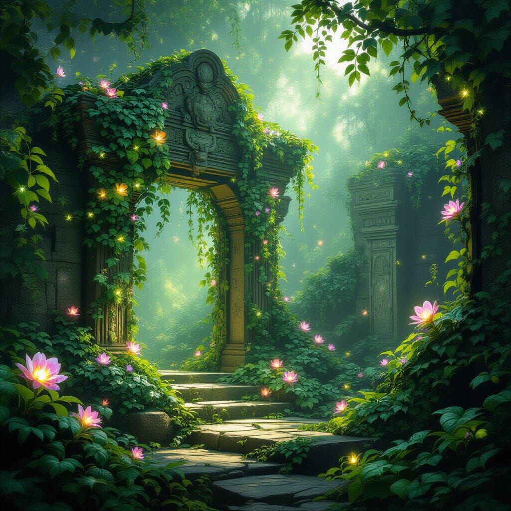Enchanted Temple Ruins with Glowing Bioluminescent Flowers