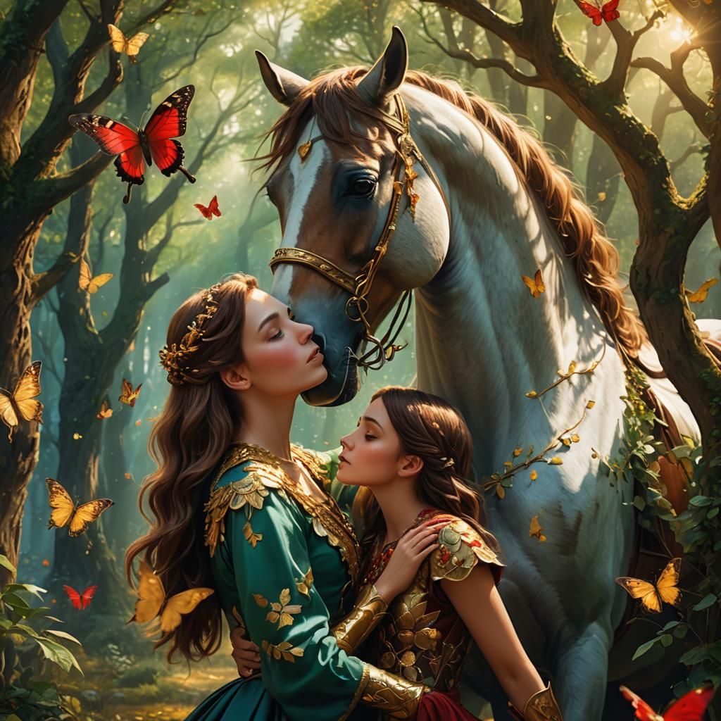 Girl and Horse in Enchanted Forest, Fantasy Art