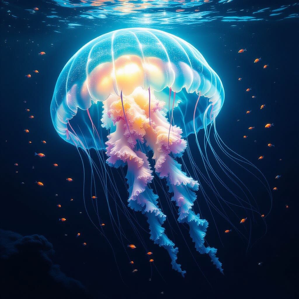 Bioluminescent Jellyfish in Deep-Sea Trench