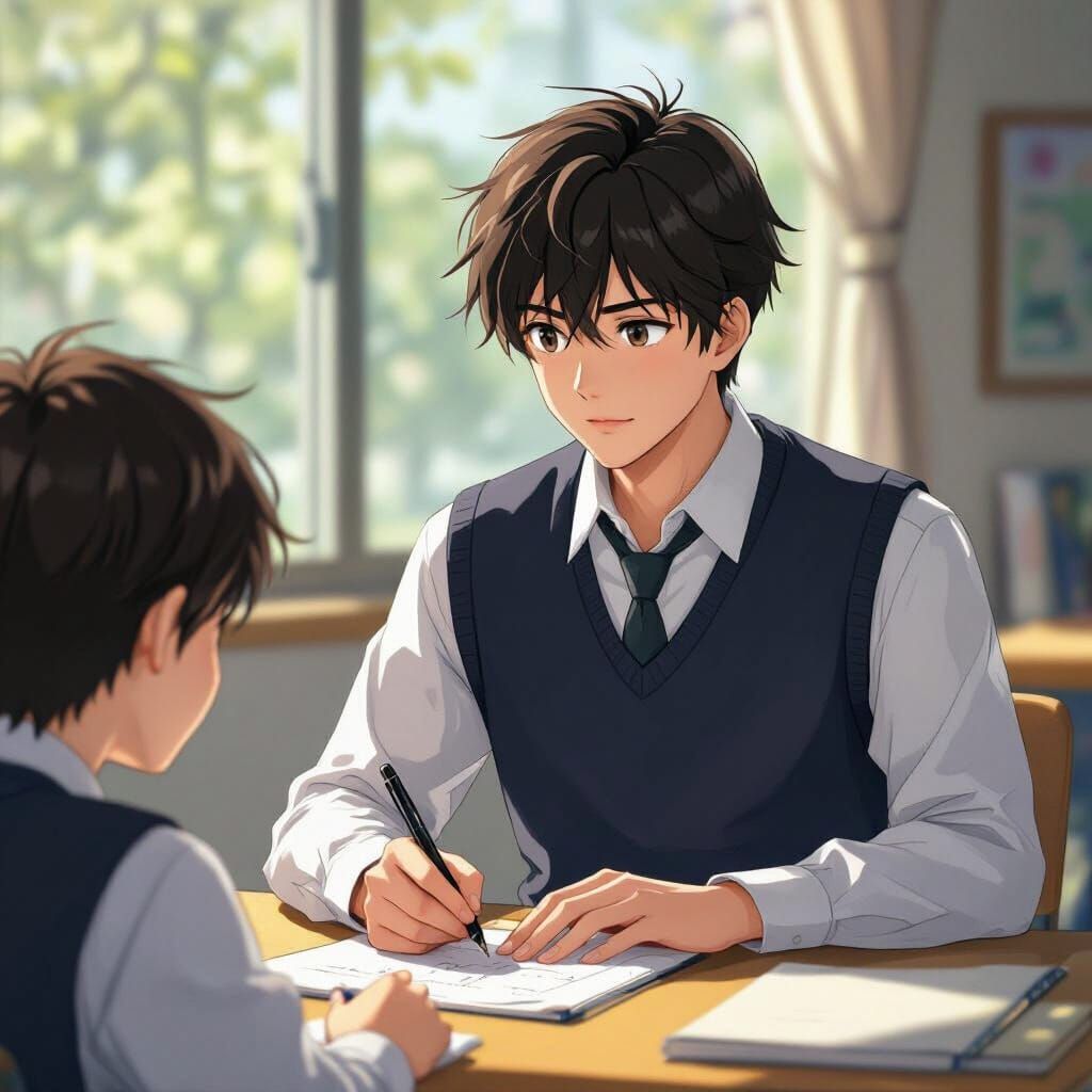 Anime Schoolboy Sketching in Class