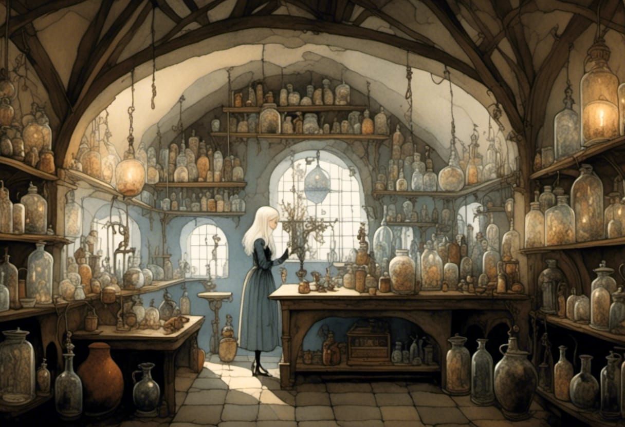 Apothecary Witch in Medieval Lair Digital Illustration