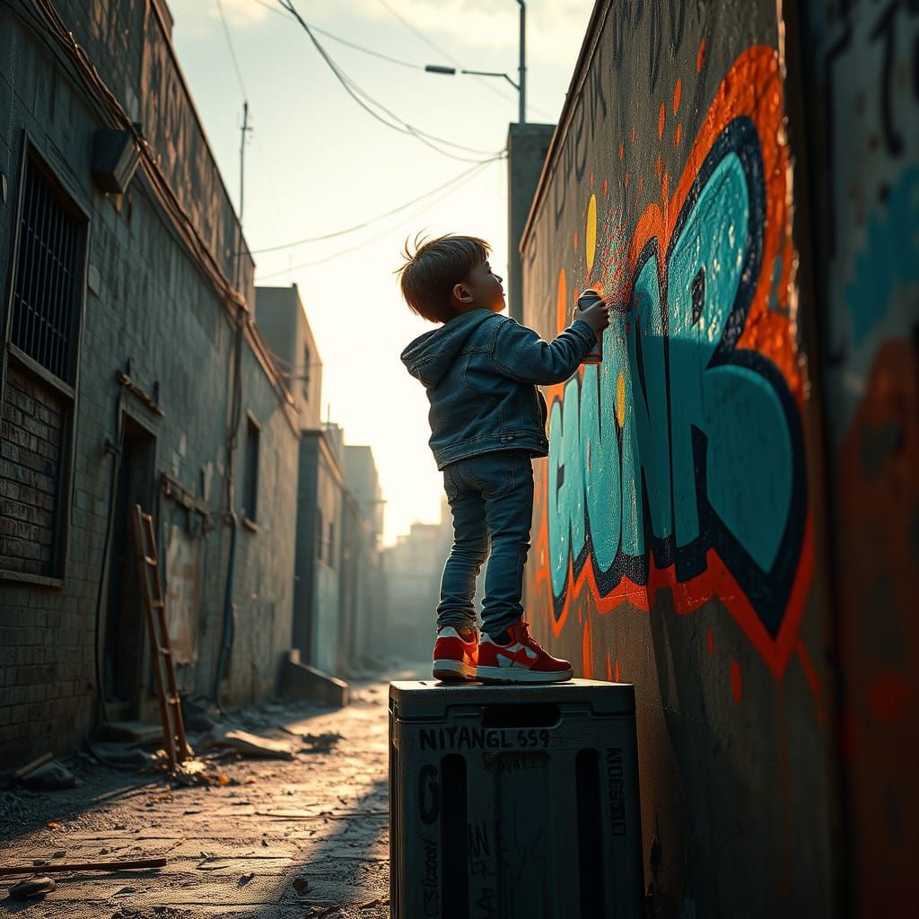 Young Rebel Unleashes Vibrant Graffiti in Dystopian Backstre...