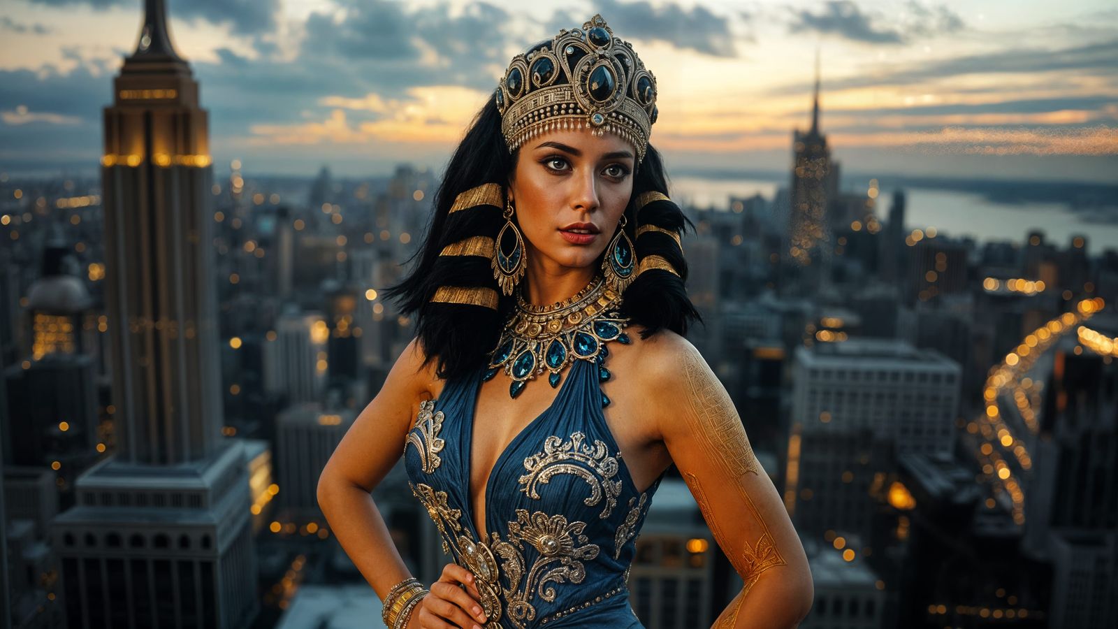 Ancient Egyptian Queen Cleopatra captured in stunning vintage sepia photography, dressed in modern haute couture, elegan...