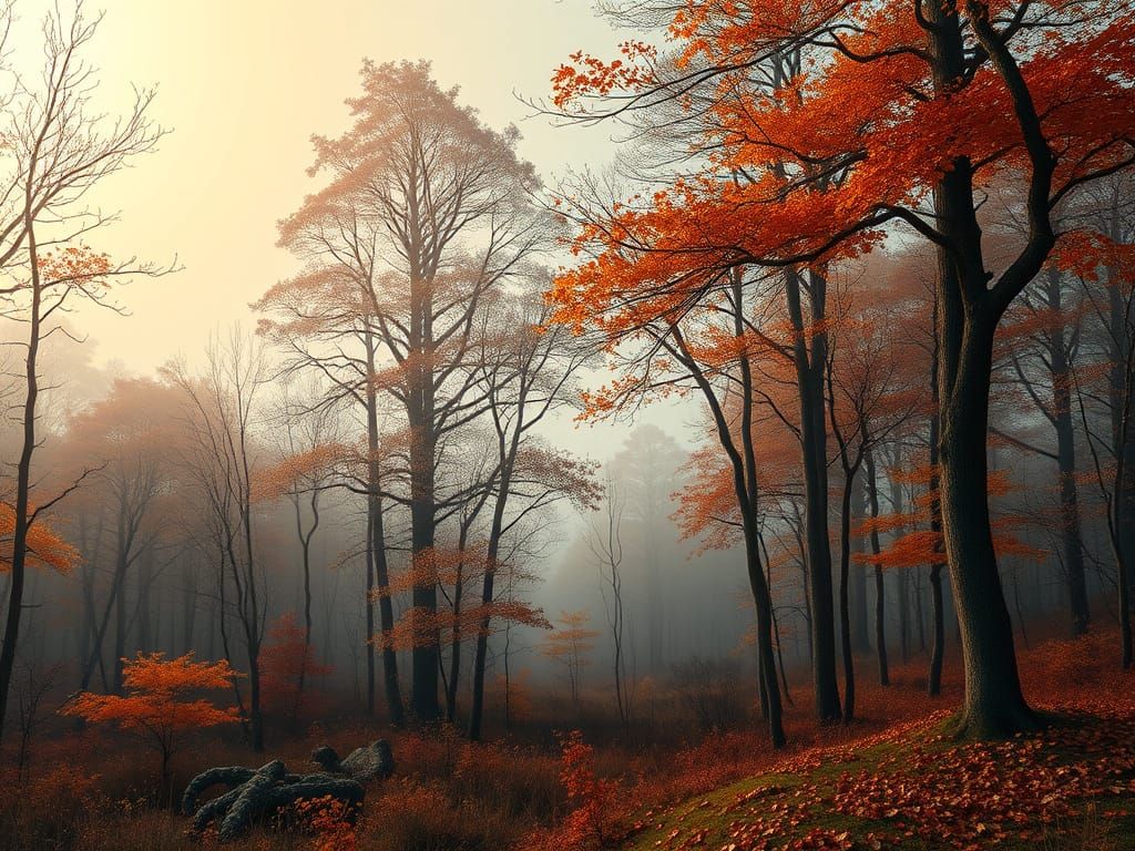 Foggy Autumn Forest Landscape in Oil Painting Style