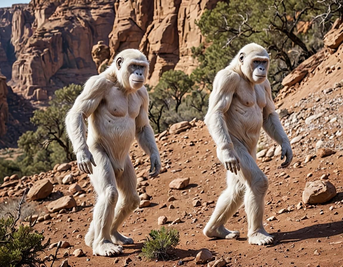 The white apes of Mars near a Mars cliff with some trees aro...