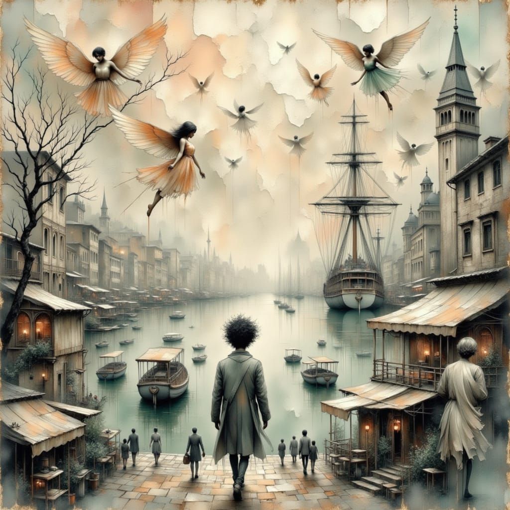 Ethereal Cityscape with Angels and Central Figure