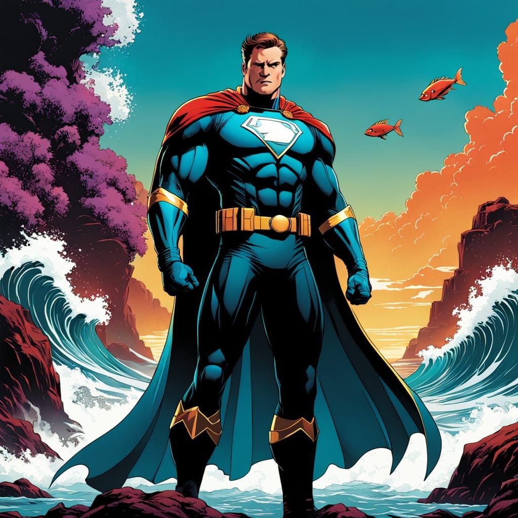 Comic Book Style Superhero in Scallop Armor Defends the Ocea...