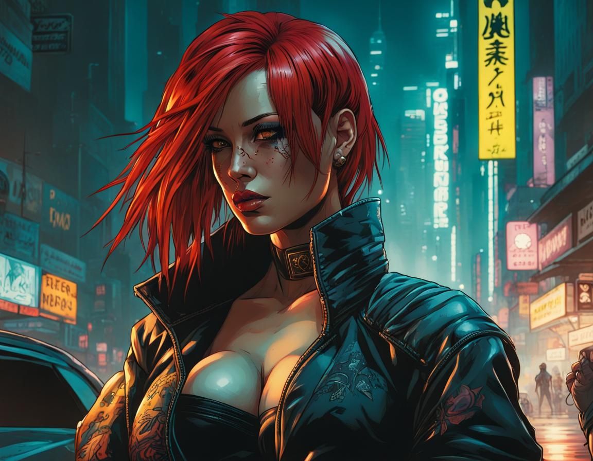 Redhead in Cyberpunk Night City: Comic Book Art