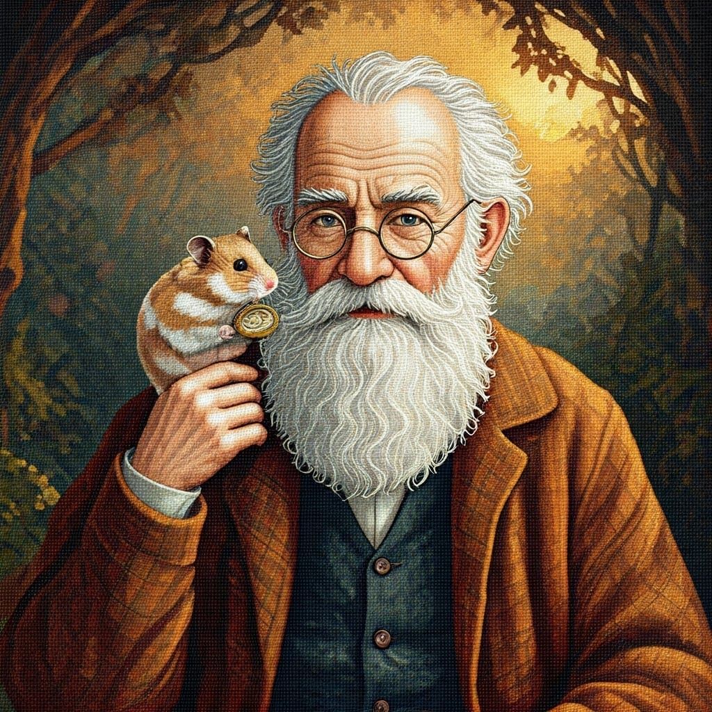 Hamster Guides Old Man, Folk-Art Cross-Stitch Style