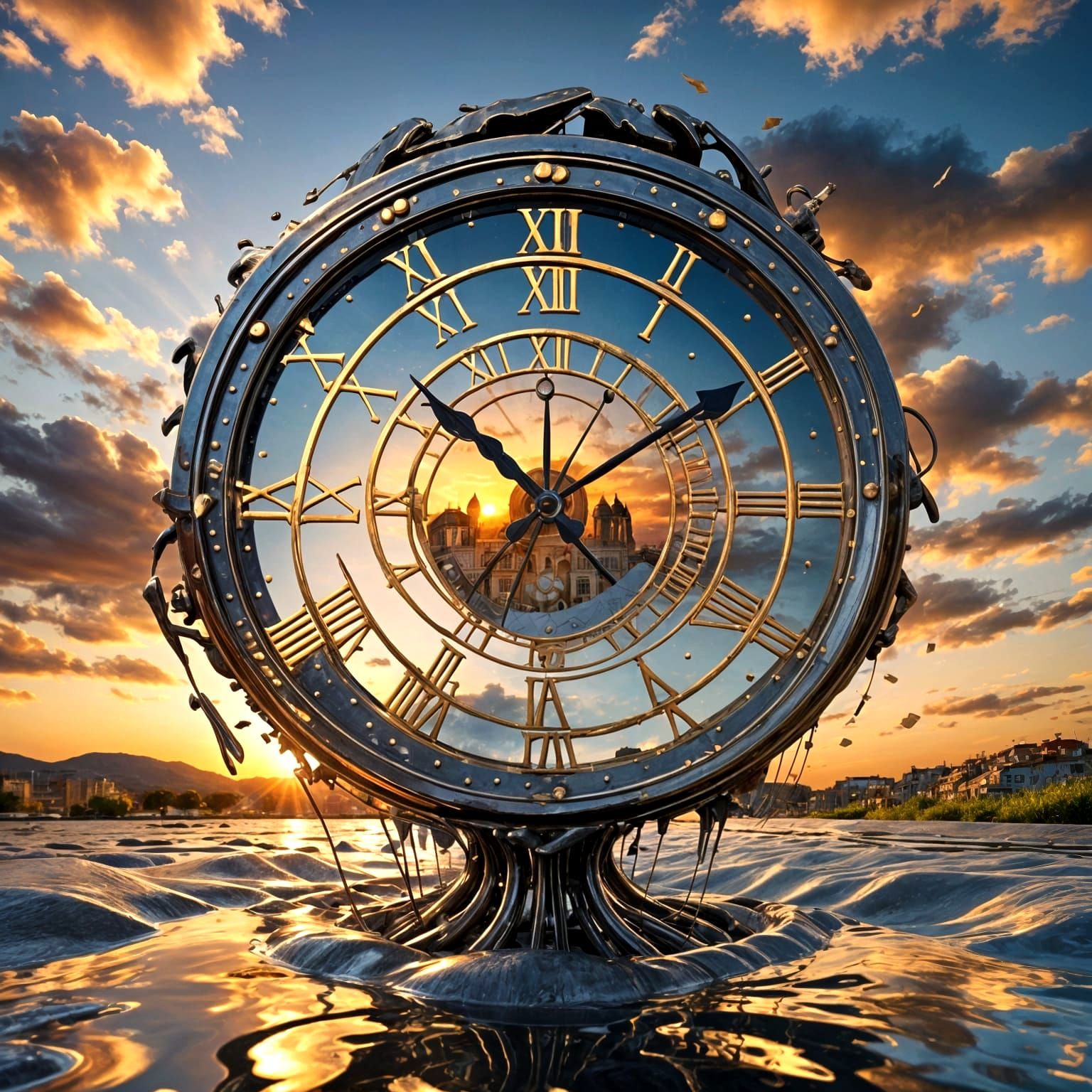 Surreal Clock Melts at Sunset: A 3D Render