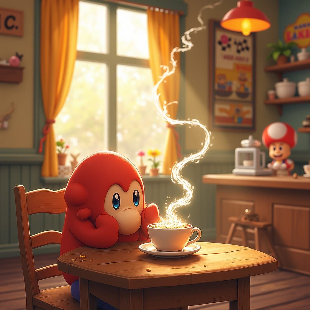 Warm Mario Kart Café Scene with Chai Guy