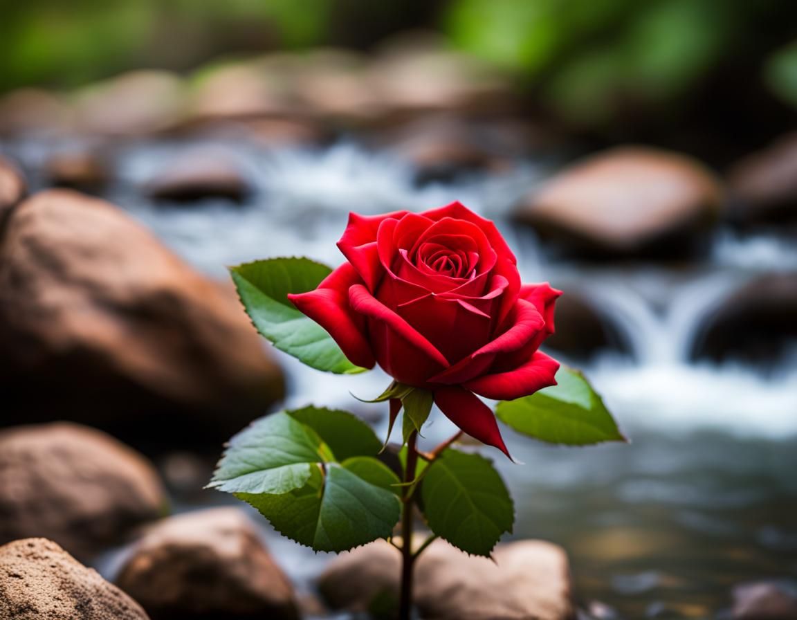 Red Rose Blooms by Rocky Stream: Photography
