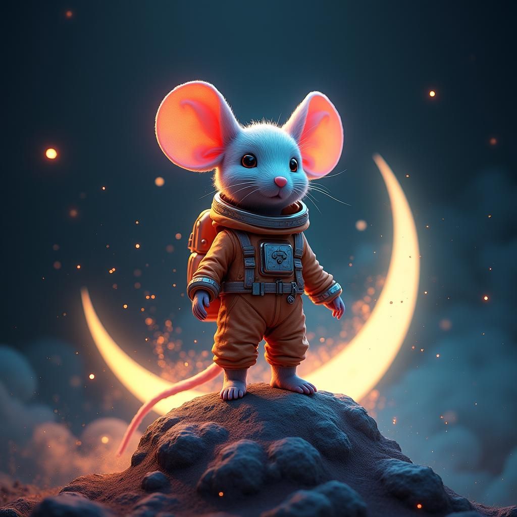 Astro Mouse on Crescent Moon in Space