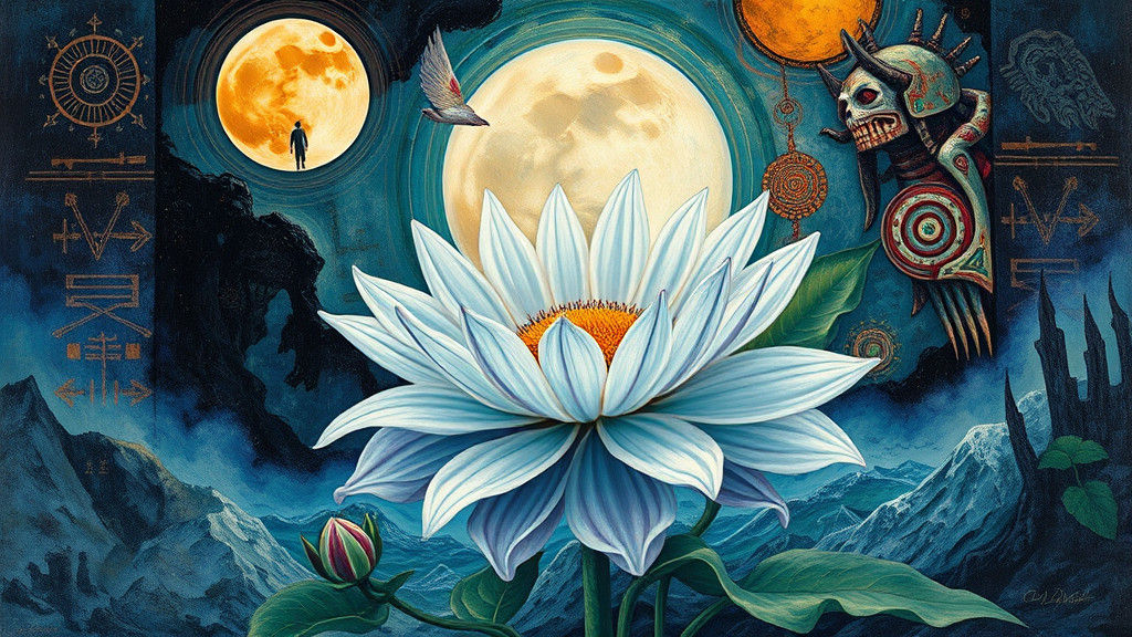 Ethereal Moonflower with Aztec Motifs as Impasto Art